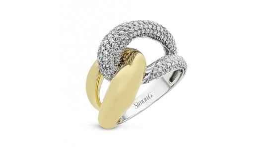 A mixed metal sculptural fashion ring with diamond accents from Simon G., available at Drenon Jewelry.